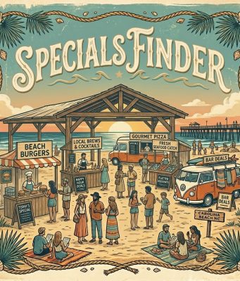 Food & Drink Deals CarolinaBeachVisitors Dining and Restaurant deals and specials finder Pleasure Island CB Kure Fort Fisher locals discounts, food specials, drink specials, locals specials, dining deals, trivia, karaoke, sports